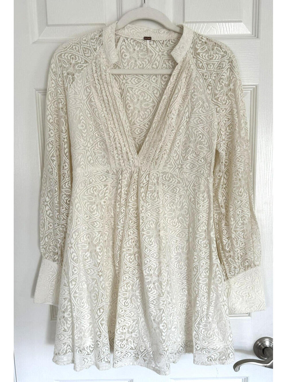 Free People Bittersweet Lace Mini Dress Ivory Size 6 Boho V Neck Long Sleeve